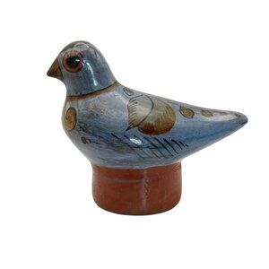 Vintage Mexico Red Clay Pottery Blue Bird Hand Painted